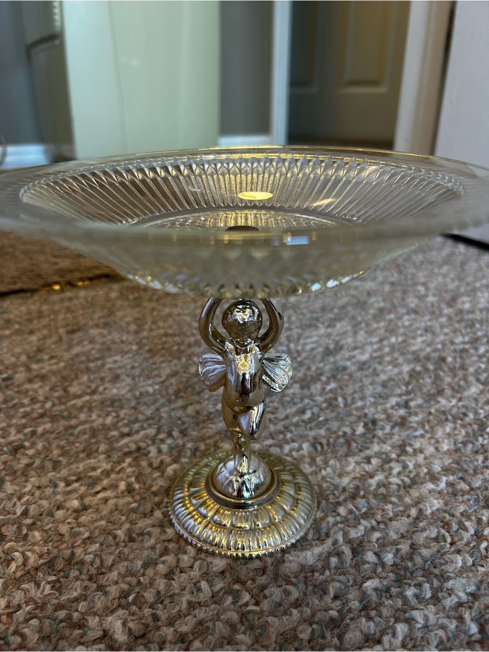 Glass Compote Dish with Cherub Stem - Clear and Silver